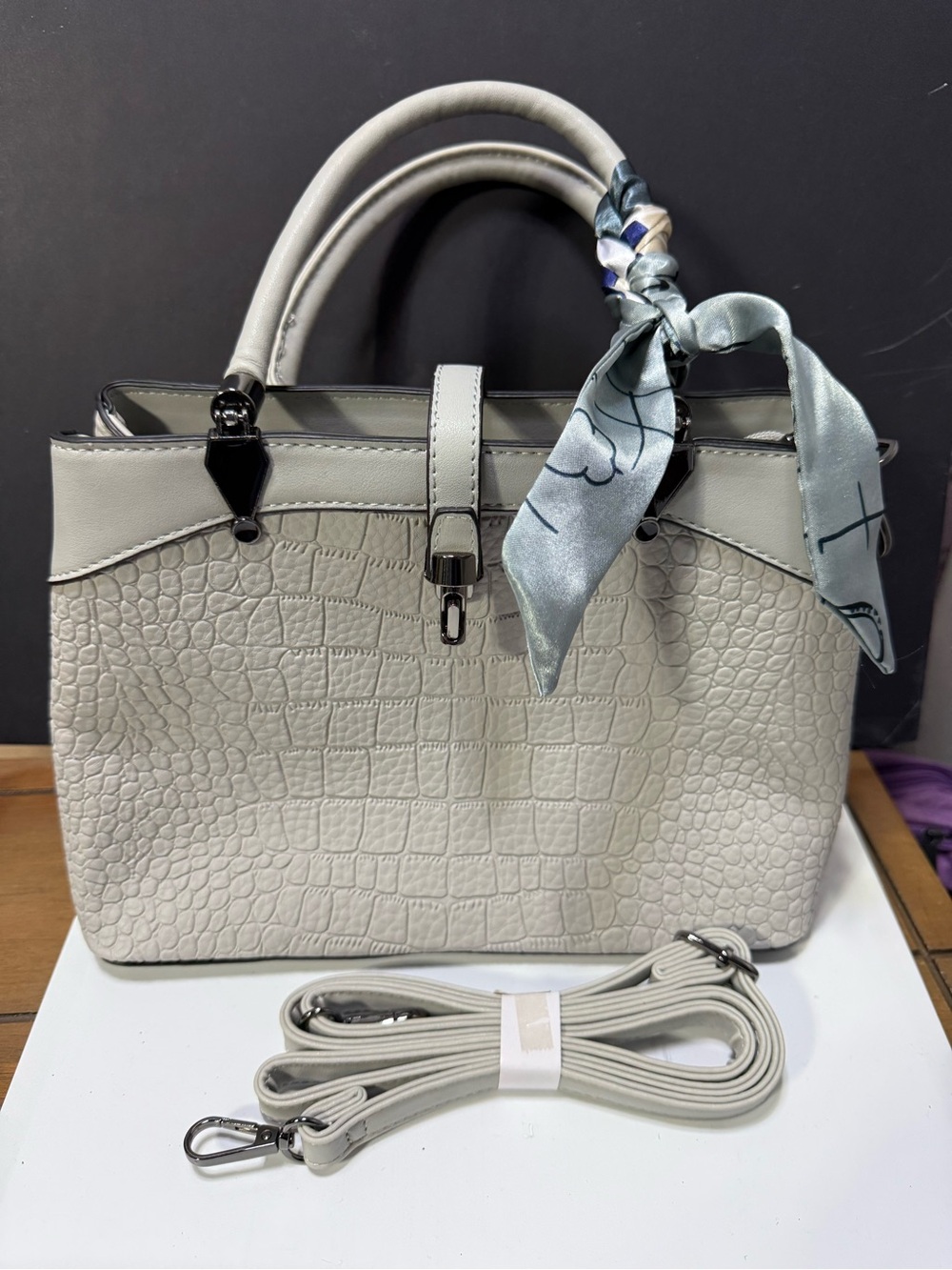 NWT Structured Croc-Embossed Handbag with Gun Metal Hardware, Twilly and Strap